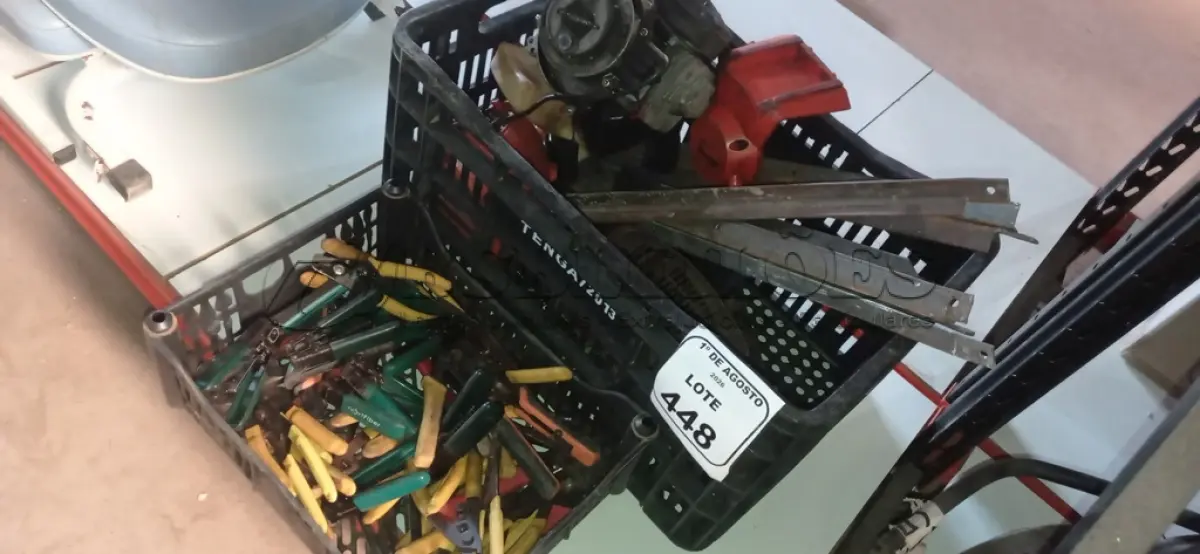 LOTE 448 - 01 MOTOR DE ROÇADEIRA PARA RETIRADA DE PEÇAS, VÁRIAS CANTONEIRAS DE FERRO E 01 CAIXA COM VÁRIOS ALICATES DE MARCAS E MODELOS DIVERSOS. (NO ESTADO) ATENÇÃO! FAZER A VISITAÇÃO ANTES DE ARREMATAR, NÃO SABEMOS SE FUNCIONA, LEILÃO NÃO TEM GARANTIA E NEM DEVOLUÇÃO, SUJEITO A POSSÍVEIS AVARIAS VISÍVEIS/OCULTAS E/OU AUSÊNCIA DE COMPONENTES.