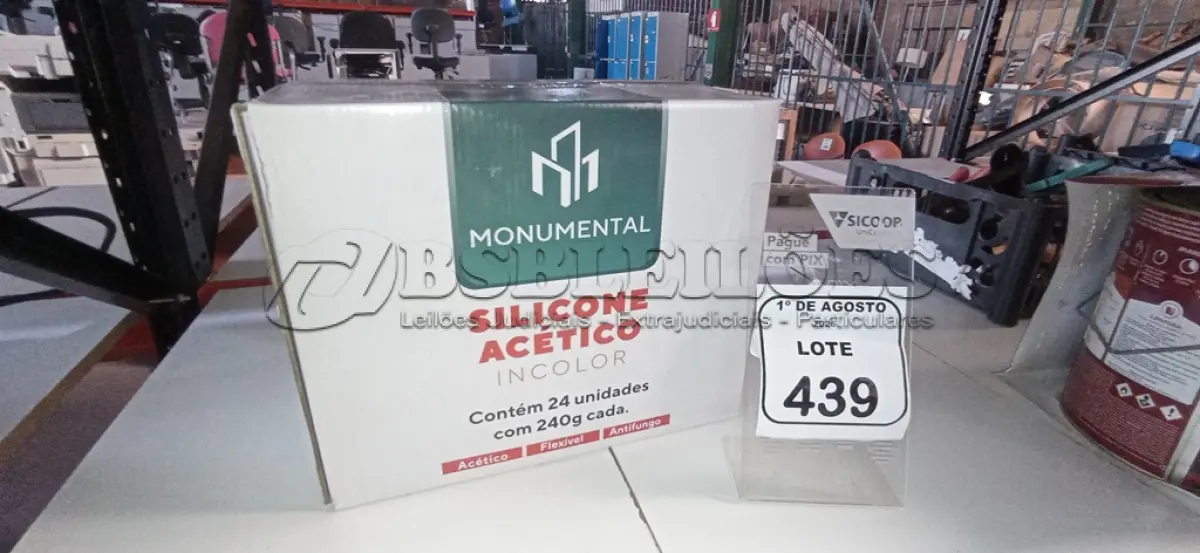 LOTE 439 - 01 CAIXA COM 24 SILICONES ACÉTICO INCOLOR DE 240G CADA MARCA MONUMENTAL. (NO ESTADO) ATENÇÃO! FAZER A VISITAÇÃO ANTES DE ARREMATAR, NÃO SABEMOS SE FUNCIONA, LEILÃO NÃO TEM GARANTIA E NEM DEVOLUÇÃO, SUJEITO A POSSÍVEIS AVARIAS VISÍVEIS/OCULTAS E/OU AUSÊNCIA DE COMPONENTES.