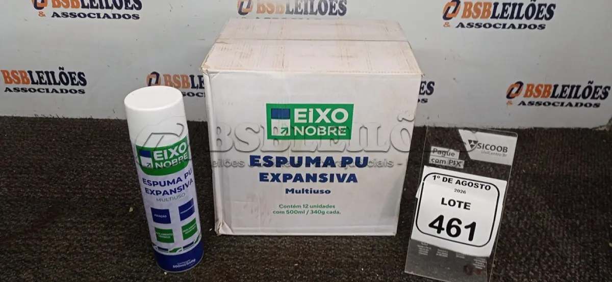 LOTE 461 - 01 CAIXA COM 12 ESPUMAS PU EXPANSIVA DE 500ML CADA MARCA EIXO NOBRE. (NO ESTADO) ATENÇÃO! FAZER A VISITAÇÃO ANTES DE ARREMATAR, NÃO SABEMOS SE FUNCIONA, LEILÃO NÃO TEM GARANTIA E NEM DEVOLUÇÃO, SUJEITO A POSSÍVEIS AVARIAS VISÍVEIS/OCULTAS E/OU AUSÊNCIA DE COMPONENTES.