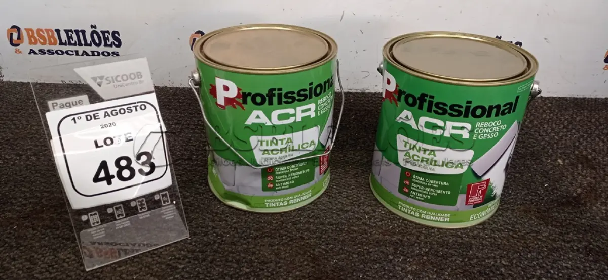 LOTE 483 - 02 LATAS DE TINTA ACRÍLICA DE 3,6L NA COR LUAR DO SERTÃO FOSCO MARCA PROFISSIONAL ACR. (NO ESTADO) ATENÇÃO! FAZER A VISITAÇÃO ANTES DE ARREMATAR, NÃO SABEMOS SE FUNCIONA, LEILÃO NÃO TEM GARANTIA E NEM DEVOLUÇÃO, SUJEITO A POSSÍVEIS AVARIAS VISÍVEIS/OCULTAS E/OU AUSÊNCIA DE COMPONENTES.