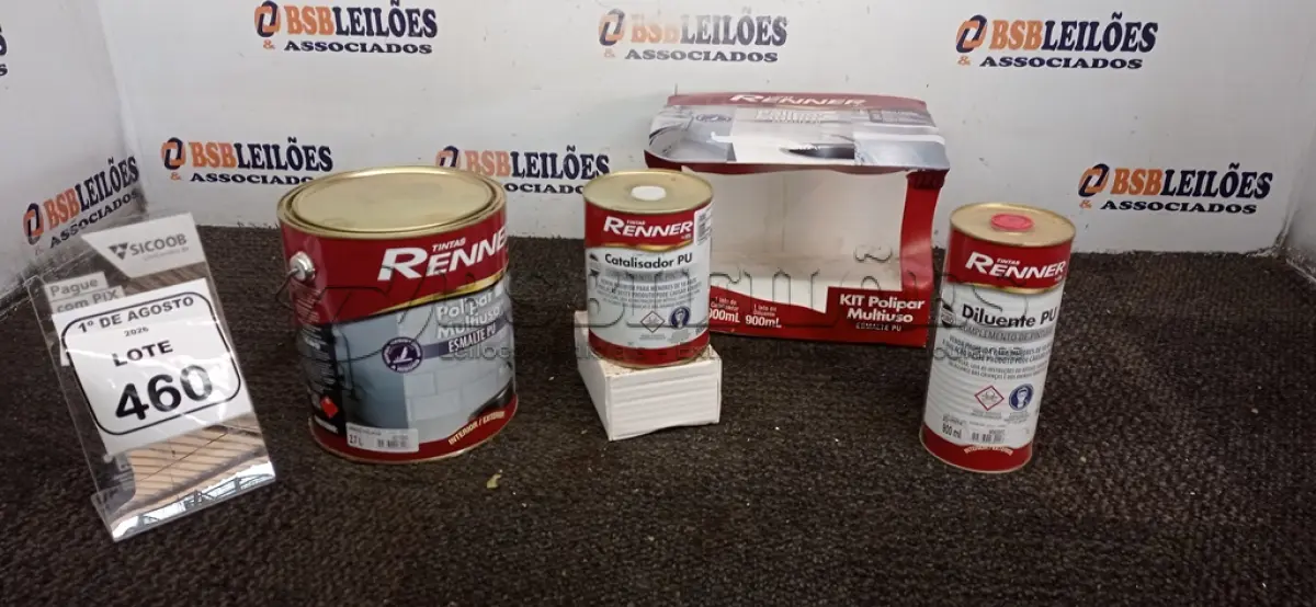 LOTE 460 - 01 GALÃO DE ESMALTE PU DE 2,7L, 01 LATA DE CATALISADOR DE 900ML E 01 LATA DE DILUENTE DE 900ML MARCA RENNER. (NO ESTADO) ATENÇÃO! FAZER A VISITAÇÃO ANTES DE ARREMATAR, NÃO SABEMOS SE FUNCIONA, LEILÃO NÃO TEM GARANTIA E NEM DEVOLUÇÃO, SUJEITO A POSSÍVEIS AVARIAS VISÍVEIS/OCULTAS E/OU AUSÊNCIA DE COMPONENTES.