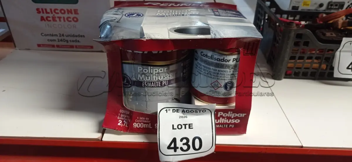 LOTE 430 - 01 GALÃO DE ESMALTE PU DE 2,7L, 01 LATA DE CATALISADOR DE 900ML E 01 LATA DE DILUENTE DE 900ML MARCA RENNER. (NO ESTADO) ATENÇÃO! FAZER A VISITAÇÃO ANTES DE ARREMATAR, NÃO SABEMOS SE FUNCIONA, LEILÃO NÃO TEM GARANTIA E NEM DEVOLUÇÃO, SUJEITO A POSSÍVEIS AVARIAS VISÍVEIS/OCULTAS E/OU AUSÊNCIA DE COMPONENTES.