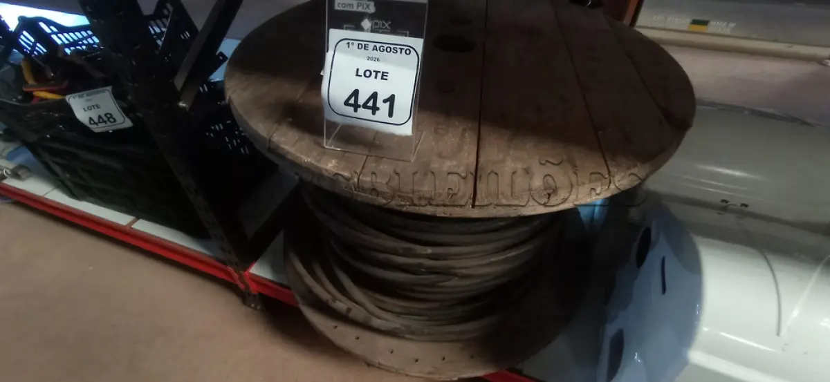 LOTE 441 - 01 CARRETEL COM APROXIMADAMENTE 115M DE FIO EM ALUMÍNIO ISOLADO PRETO 0,95MM. (NO ESTADO) ATENÇÃO! FAZER A VISITAÇÃO ANTES DE ARREMATAR, NÃO SABEMOS SE FUNCIONA, LEILÃO NÃO TEM GARANTIA E NEM DEVOLUÇÃO, SUJEITO A POSSÍVEIS AVARIAS VISÍVEIS/OCULTAS E/OU AUSÊNCIA DE COMPONENTES.