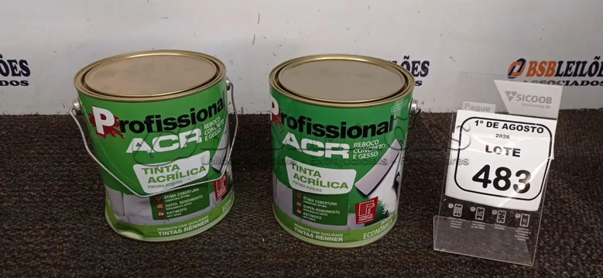 LOTE 483 - 02 LATAS DE TINTA ACRÍLICA DE 3,6L NA COR LUAR DO SERTÃO FOSCO MARCA PROFISSIONAL ACR. (NO ESTADO) ATENÇÃO! FAZER A VISITAÇÃO ANTES DE ARREMATAR, NÃO SABEMOS SE FUNCIONA, LEILÃO NÃO TEM GARANTIA E NEM DEVOLUÇÃO, SUJEITO A POSSÍVEIS AVARIAS VISÍVEIS/OCULTAS E/OU AUSÊNCIA DE COMPONENTES.