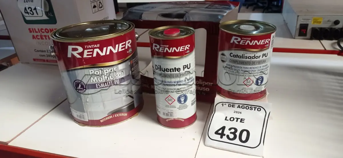 LOTE 430 - 01 GALÃO DE ESMALTE PU DE 2,7L, 01 LATA DE CATALISADOR DE 900ML E 01 LATA DE DILUENTE DE 900ML MARCA RENNER. (NO ESTADO) ATENÇÃO! FAZER A VISITAÇÃO ANTES DE ARREMATAR, NÃO SABEMOS SE FUNCIONA, LEILÃO NÃO TEM GARANTIA E NEM DEVOLUÇÃO, SUJEITO A POSSÍVEIS AVARIAS VISÍVEIS/OCULTAS E/OU AUSÊNCIA DE COMPONENTES.