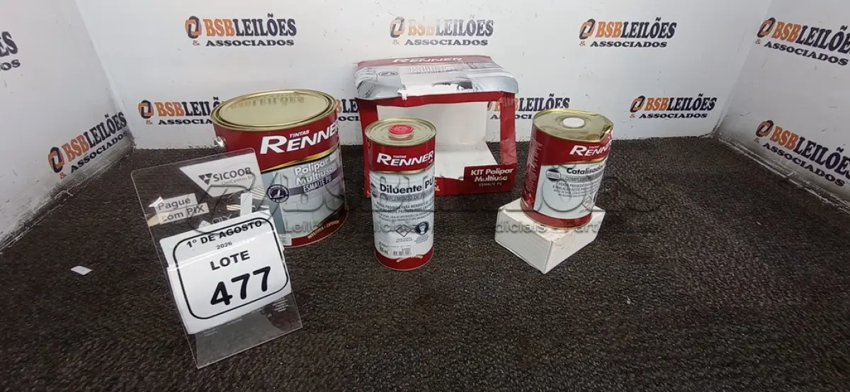 LOTE 477 - 01 GALÃO DE ESMALTE PU DE 2,7L, 01 LATA DE CATALISADOR DE 900ML E 01 LATA DE DILUENTE DE 900ML MARCA RENNER. (NO ESTADO) ATENÇÃO! FAZER A VISITAÇÃO ANTES DE ARREMATAR, NÃO SABEMOS SE FUNCIONA, LEILÃO NÃO TEM GARANTIA E NEM DEVOLUÇÃO, SUJEITO A POSSÍVEIS AVARIAS VISÍVEIS/OCULTAS E/OU AUSÊNCIA DE COMPONENTES.