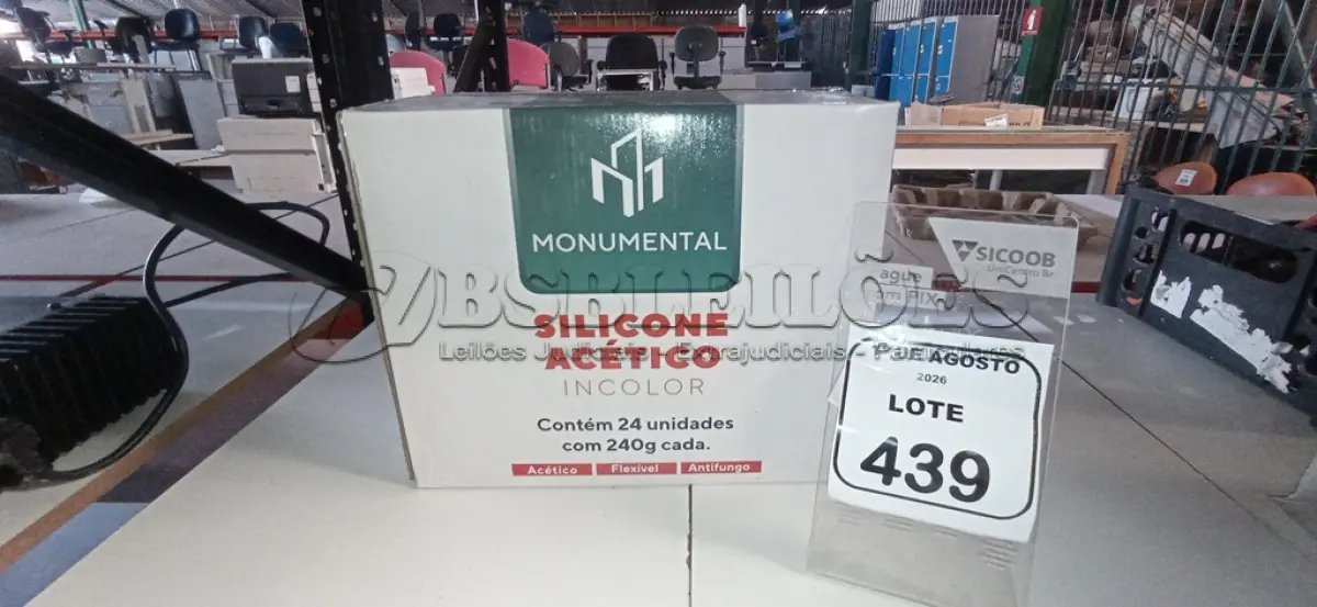 LOTE 439 - 01 CAIXA COM 24 SILICONES ACÉTICO INCOLOR DE 240G CADA MARCA MONUMENTAL. (NO ESTADO) ATENÇÃO! FAZER A VISITAÇÃO ANTES DE ARREMATAR, NÃO SABEMOS SE FUNCIONA, LEILÃO NÃO TEM GARANTIA E NEM DEVOLUÇÃO, SUJEITO A POSSÍVEIS AVARIAS VISÍVEIS/OCULTAS E/OU AUSÊNCIA DE COMPONENTES.