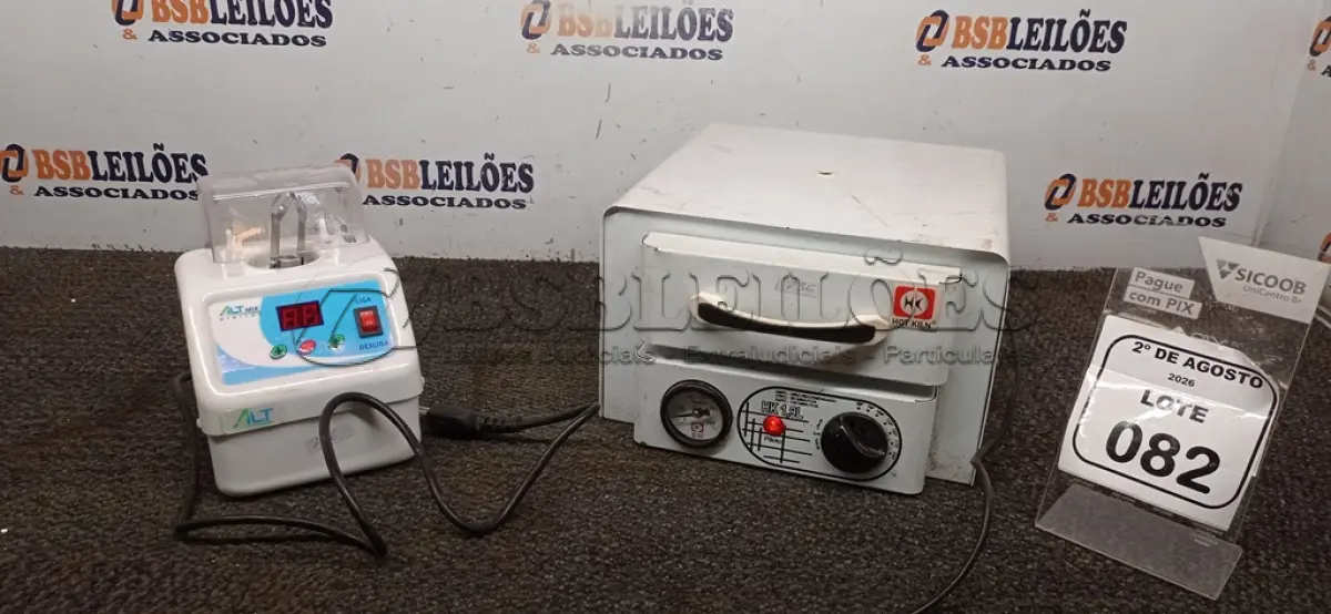 LOTE 082 - 01 ESTUFA ESTERILIZADORA MODELO HOT KLIN 1,9L E 01 AMALGADOR CAPSULAR MODELO ALTMIX MARCA ALT. (NO ESTADO) ATENÇÃO! FAZER A VISITAÇÃO ANTES DE ARREMATAR, NÃO SABEMOS SE FUNCIONA, LEILÃO NÃO TEM GARANTIA E NEM DEVOLUÇÃO, SUJEITO A POSSÍVEIS AVARIAS VISÍVEIS/OCULTAS E/OU AUSÊNCIA DE COMPONENTES.