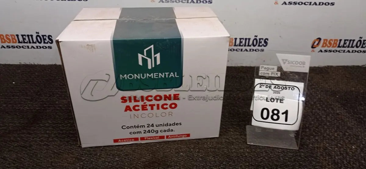 LOTE 081 - 24 UNIDADES DE SILICONE ACÉTICO INCOLOR COM 240G CADA MARCA MONUMENTAL. (NO ESTADO) ATENÇÃO! FAZER A VISITAÇÃO ANTES DE ARREMATAR, NÃO SABEMOS SE FUNCIONA, LEILÃO NÃO TEM GARANTIA E NEM DEVOLUÇÃO, SUJEITO A POSSÍVEIS AVARIAS VISÍVEIS/OCULTAS E/OU AUSÊNCIA DE COMPONENTES.