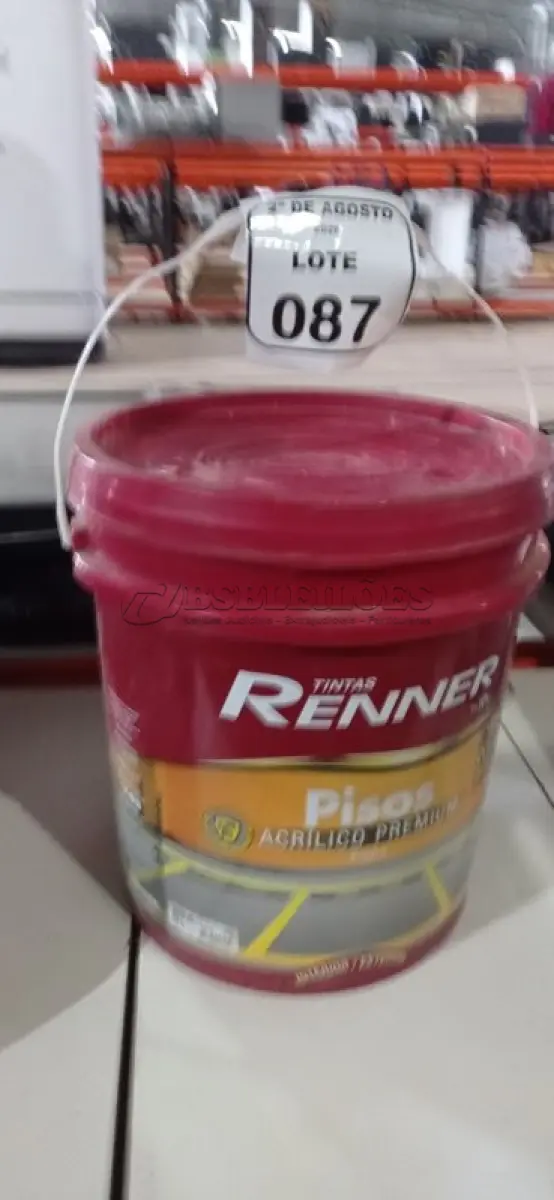 LOTE 087 - 01 BALDE DE TINTA DE PISOS ACRÍLICA NA COR VERMELHO SEGURANÇA FOSCO DE 18L MARCA RENNER. (NO ESTADO) ATENÇÃO! FAZER A VISITAÇÃO ANTES DE ARREMATAR, NÃO SABEMOS SE FUNCIONA, LEILÃO NÃO TEM GARANTIA E NEM DEVOLUÇÃO, SUJEITO A POSSÍVEIS AVARIAS VISÍVEIS/OCULTAS E/OU AUSÊNCIA DE COMPONENTES.