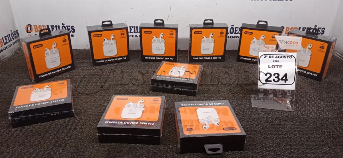 LOTE 234 - 10 FONES DE OUVIDO SEM FIO MARCA BASIKE. (NO ESTADO) ATENÇÃO! FAZER A VISITAÇÃO ANTES DE ARREMATAR, NÃO SABEMOS SE FUNCIONA, LEILÃO NÃO TEM GARANTIA E NEM DEVOLUÇÃO, SUJEITO A POSSÍVEIS AVARIAS VISÍVEIS/OCULTAS E/OU AUSÊNCIA DE COMPONENTES.