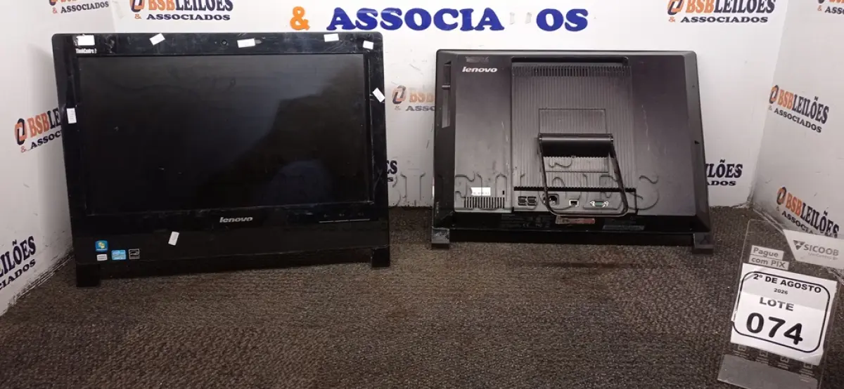 LOTE 074 - 02 ALL IN ONE MARCA LENOVO. (NO ESTADO) ATENÇÃO! FAZER A VISITAÇÃO ANTES DE ARREMATAR, NÃO SABEMOS SE FUNCIONA, LEILÃO NÃO TEM GARANTIA E NEM DEVOLUÇÃO, SUJEITO A POSSÍVEIS AVARIAS VISÍVEIS/OCULTAS E/OU AUSÊNCIA DE COMPONENTES.
