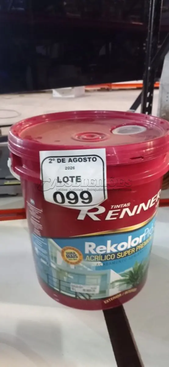 LOTE 099 - 01 BALDE DE TINTA ACRÍLICA SUPER PREMIUM NA COR BASE INTENSA SEMIBRILHO DE 16L MARCA RENNER. (NO ESTADO) ATENÇÃO! FAZER A VISITAÇÃO ANTES DE ARREMATAR, NÃO SABEMOS SE FUNCIONA, LEILÃO NÃO TEM GARANTIA E NEM DEVOLUÇÃO, SUJEITO A POSSÍVEIS AVARIAS VISÍVEIS/OCULTAS E/OU AUSÊNCIA DE COMPONENTES.
