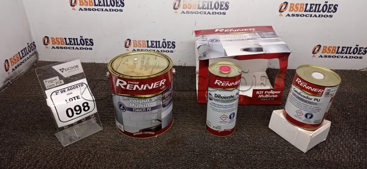 LOTE 098 - 01 LATA DE ESMALTE PU DE 2,7L, 01 LATA DE CATALIZADOR DE 900ML E 01 LATA DE DILUENTE DE 900ML. (NO ESTADO) ATENÇÃO! FAZER A VISITAÇÃO ANTES DE ARREMATAR, NÃO SABEMOS SE FUNCIONA, LEILÃO NÃO TEM GARANTIA E NEM DEVOLUÇÃO, SUJEITO A POSSÍVEIS AVARIAS VISÍVEIS/OCULTAS E/OU AUSÊNCIA DE COMPONENTES.