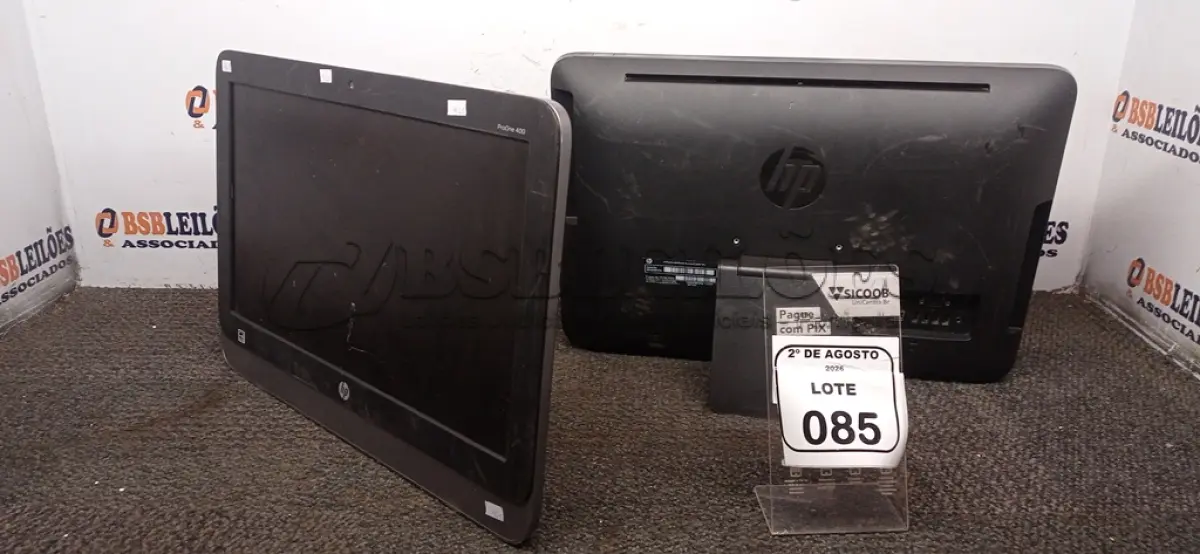 LOTE 085 - 02 ALL IN ONE MODELO PRO ONE 400 MARCA HP. (NO ESTADO) ATENÇÃO! FAZER A VISITAÇÃO ANTES DE ARREMATAR, NÃO SABEMOS SE FUNCIONA, LEILÃO NÃO TEM GARANTIA E NEM DEVOLUÇÃO, SUJEITO A POSSÍVEIS AVARIAS VISÍVEIS/OCULTAS E/OU AUSÊNCIA DE COMPONENTES.