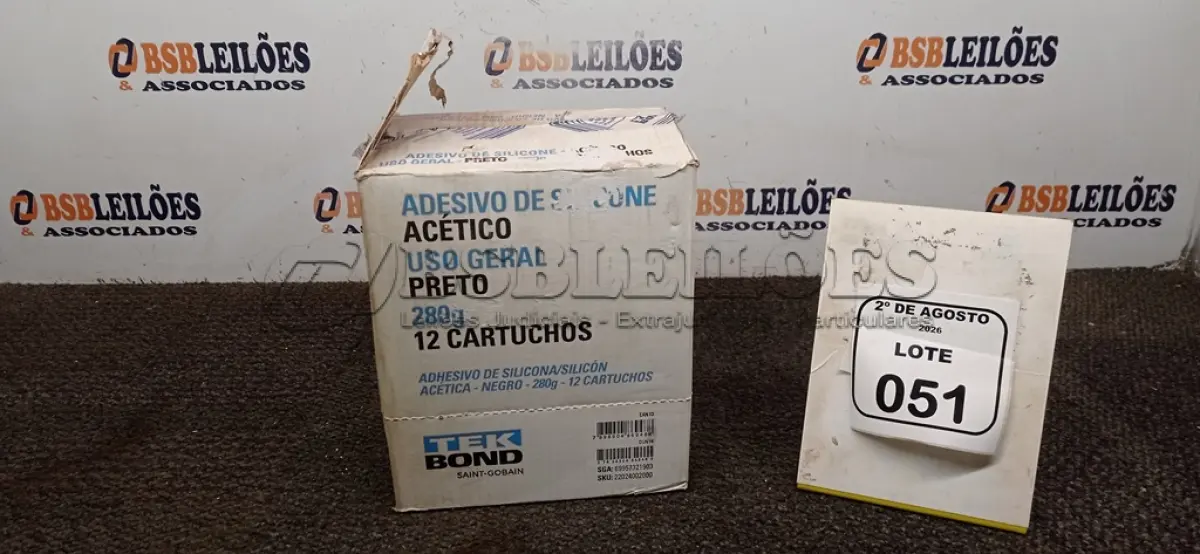 LOTE 051 - 12 BISNAGAS DE ADESIVO SILICONE PRETO 280G CADA MARCA TEK BOND. (NO ESTADO) ATENÇÃO! FAZER A VISITAÇÃO ANTES DE ARREMATAR, NÃO SABEMOS SE FUNCIONA, LEILÃO NÃO TEM GARANTIA E NEM DEVOLUÇÃO, SUJEITO A POSSÍVEIS AVARIAS VISÍVEIS/OCULTAS E/OU AUSÊNCIA DE COMPONENTES.