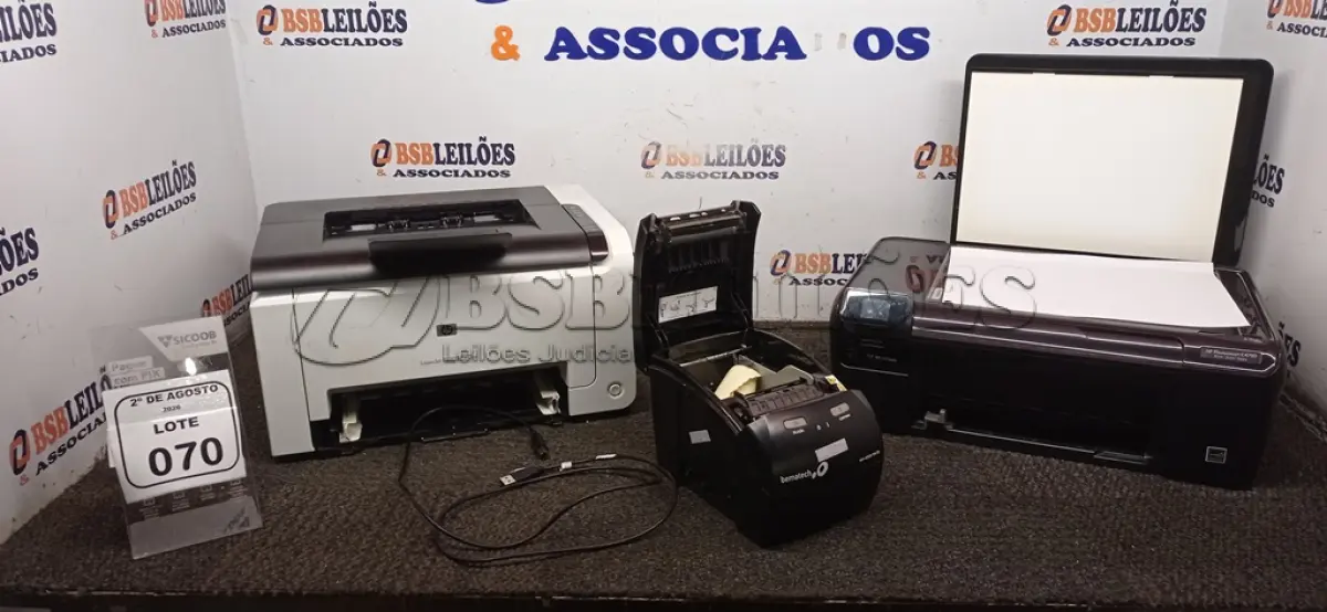 LOTE 070 - 01 IMPRESSORA MODELO LASERJET CP1025 COLOR MARCA HP, 01 IMPRESSORA MODELO PHOTOSMART C4780 MARCA HP E 01 IMPRESSORA TÉRMICA MARCA BEMATCH. (NO ESTADO) ATENÇÃO! FAZER A VISITAÇÃO ANTES DE ARREMATAR, NÃO SABEMOS SE FUNCIONA, LEILÃO NÃO TEM GARANTIA E NEM DEVOLUÇÃO, SUJEITO A POSSÍVEIS AVARIAS VISÍVEIS/OCULTAS E/OU AUSÊNCIA DE COMPONENTES.