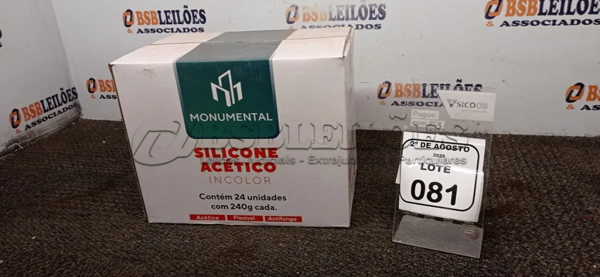 LOTE 081 - 24 UNIDADES DE SILICONE ACÉTICO INCOLOR COM 240G CADA MARCA MONUMENTAL. (NO ESTADO) ATENÇÃO! FAZER A VISITAÇÃO ANTES DE ARREMATAR, NÃO SABEMOS SE FUNCIONA, LEILÃO NÃO TEM GARANTIA E NEM DEVOLUÇÃO, SUJEITO A POSSÍVEIS AVARIAS VISÍVEIS/OCULTAS E/OU AUSÊNCIA DE COMPONENTES.