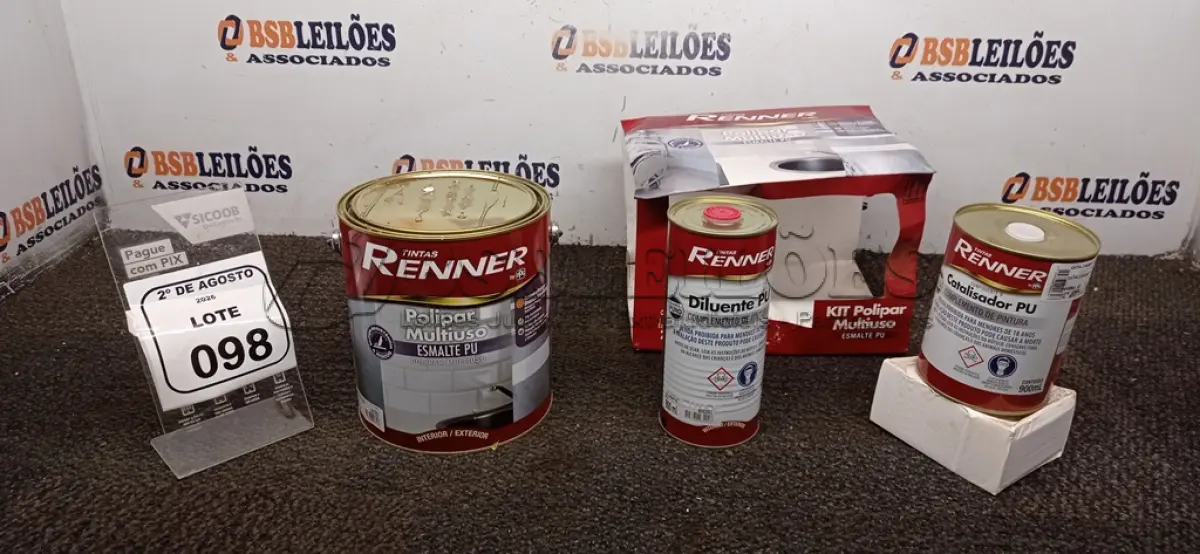 LOTE 098 - 01 LATA DE ESMALTE PU DE 2,7L, 01 LATA DE CATALIZADOR DE 900ML E 01 LATA DE DILUENTE DE 900ML. (NO ESTADO) ATENÇÃO! FAZER A VISITAÇÃO ANTES DE ARREMATAR, NÃO SABEMOS SE FUNCIONA, LEILÃO NÃO TEM GARANTIA E NEM DEVOLUÇÃO, SUJEITO A POSSÍVEIS AVARIAS VISÍVEIS/OCULTAS E/OU AUSÊNCIA DE COMPONENTES.