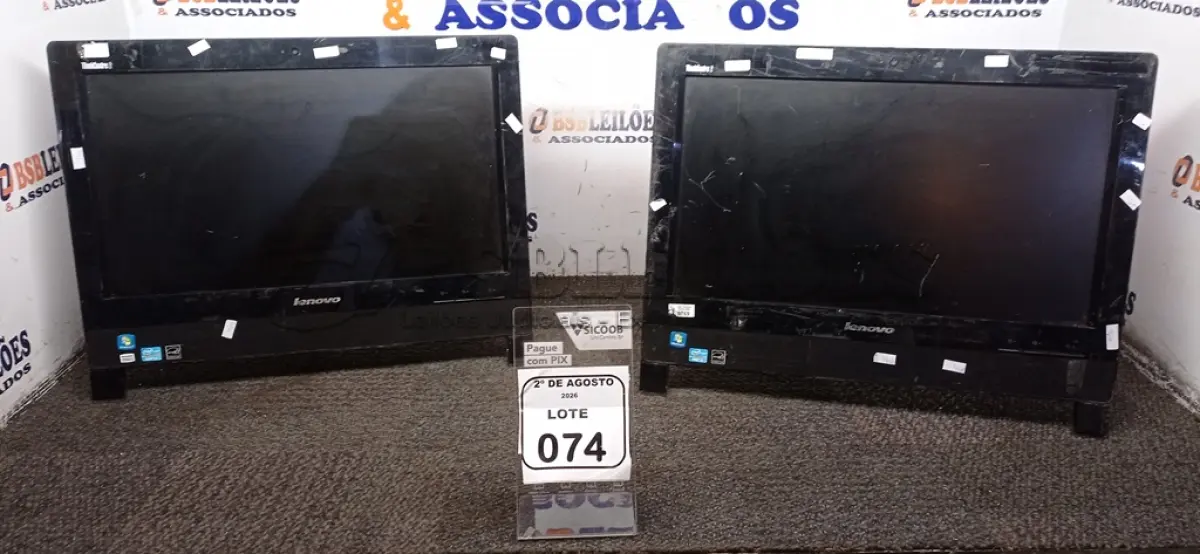 LOTE 074 - 02 ALL IN ONE MARCA LENOVO. (NO ESTADO) ATENÇÃO! FAZER A VISITAÇÃO ANTES DE ARREMATAR, NÃO SABEMOS SE FUNCIONA, LEILÃO NÃO TEM GARANTIA E NEM DEVOLUÇÃO, SUJEITO A POSSÍVEIS AVARIAS VISÍVEIS/OCULTAS E/OU AUSÊNCIA DE COMPONENTES.
