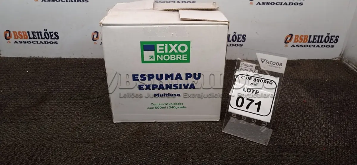 LOTE 071 - 12 UNIDADES DE ESPUMA PU EXPANSIVA MULTIUSO DE 500ML CADA MARCA EIXO NOBRE. (NO ESTADO) ATENÇÃO! FAZER A VISITAÇÃO ANTES DE ARREMATAR, NÃO SABEMOS SE FUNCIONA, LEILÃO NÃO TEM GARANTIA E NEM DEVOLUÇÃO, SUJEITO A POSSÍVEIS AVARIAS VISÍVEIS/OCULTAS E/OU AUSÊNCIA DE COMPONENTES.