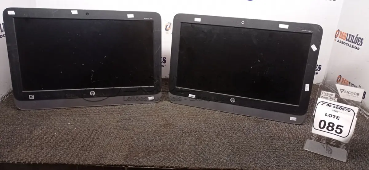 LOTE 085 - 02 ALL IN ONE MODELO PRO ONE 400 MARCA HP. (NO ESTADO) ATENÇÃO! FAZER A VISITAÇÃO ANTES DE ARREMATAR, NÃO SABEMOS SE FUNCIONA, LEILÃO NÃO TEM GARANTIA E NEM DEVOLUÇÃO, SUJEITO A POSSÍVEIS AVARIAS VISÍVEIS/OCULTAS E/OU AUSÊNCIA DE COMPONENTES.