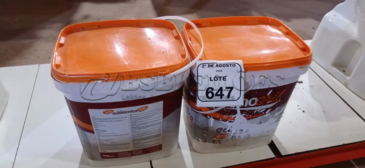 LOTE 647 - 02 BALDES DE TINTA ECONÔMICA 16L NA COR BRANCO NEVE MARCA RENOCRIL. (NO ESTADO) ATENÇÃO! FAZER A VISITAÇÃO ANTES DE ARREMATAR, NÃO SABEMOS SE FUNCIONA, LEILÃO NÃO TEM GARANTIA E NEM DEVOLUÇÃO, SUJEITO A POSSÍVEIS AVARIAS VISÍVEIS/OCULTAS E/OU AUSÊNCIA DE COMPONENTES.