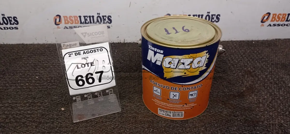 LOTE 667 - 01 LATA DE ADESIVO DE CONTATO 2,80KG MARCA MAZA. (NO ESTADO) ATENÇÃO! FAZER A VISITAÇÃO ANTES DE ARREMATAR, NÃO SABEMOS SE FUNCIONA, LEILÃO NÃO TEM GARANTIA E NEM DEVOLUÇÃO, SUJEITO A POSSÍVEIS AVARIAS VISÍVEIS/OCULTAS E/OU AUSÊNCIA DE COMPONENTES.