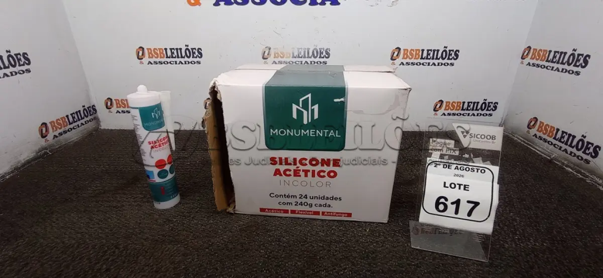 LOTE 617 - 24 UNIDADES DE SILICONE ACÉTICO INCOLOR COM 240G CADA MARCA MONUMENTAL. (NO ESTADO) ATENÇÃO! FAZER A VISITAÇÃO ANTES DE ARREMATAR, NÃO SABEMOS SE FUNCIONA, LEILÃO NÃO TEM GARANTIA E NEM DEVOLUÇÃO, SUJEITO A POSSÍVEIS AVARIAS VISÍVEIS/OCULTAS E/OU AUSÊNCIA DE COMPONENTES.