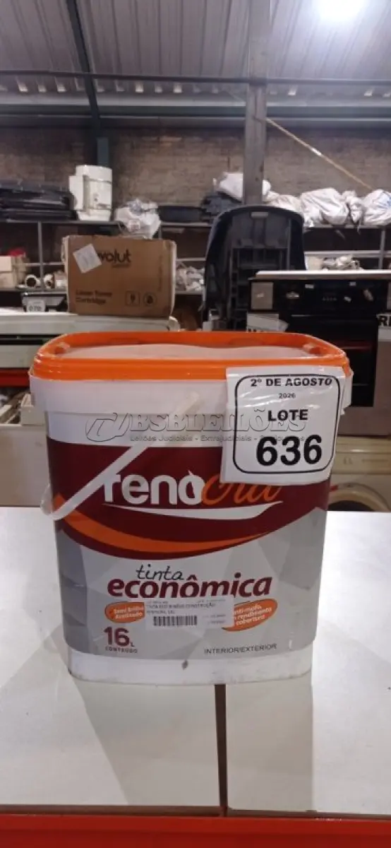 LOTE 636 - 01 BALDE DE TINTA ECONÔMICA 16L NA COR BRANCO NEVE MARCA RENOCRIL. (NO ESTADO) ATENÇÃO! FAZER A VISITAÇÃO ANTES DE ARREMATAR, NÃO SABEMOS SE FUNCIONA, LEILÃO NÃO TEM GARANTIA E NEM DEVOLUÇÃO, SUJEITO A POSSÍVEIS AVARIAS VISÍVEIS/OCULTAS E/OU AUSÊNCIA DE COMPONENTES.
