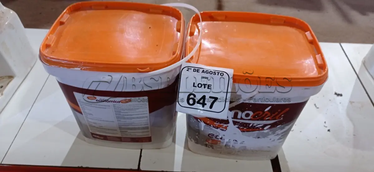 LOTE 647 - 02 BALDES DE TINTA ECONÔMICA 16L NA COR BRANCO NEVE MARCA RENOCRIL. (NO ESTADO) ATENÇÃO! FAZER A VISITAÇÃO ANTES DE ARREMATAR, NÃO SABEMOS SE FUNCIONA, LEILÃO NÃO TEM GARANTIA E NEM DEVOLUÇÃO, SUJEITO A POSSÍVEIS AVARIAS VISÍVEIS/OCULTAS E/OU AUSÊNCIA DE COMPONENTES.