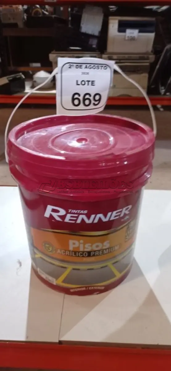 LOTE 669 - 01 BALDE DE TINTA DE PISOS ACRÍLICA NA COR VERMELHO SEGURANÇA FOSCO DE 18L MARCA RENNER. (NO ESTADO) ATENÇÃO! FAZER A VISITAÇÃO ANTES DE ARREMATAR, NÃO SABEMOS SE FUNCIONA, LEILÃO NÃO TEM GARANTIA E NEM DEVOLUÇÃO, SUJEITO A POSSÍVEIS AVARIAS VISÍVEIS/OCULTAS E/OU AUSÊNCIA DE COMPONENTES.