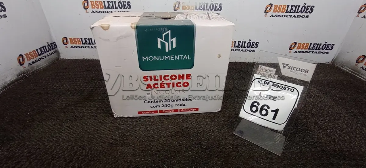 LOTE 661 - 24 UNIDADES DE SILICONE ACÉTICO INCOLOR COM 240G CADA MARCA MONUMENTAL. (NO ESTADO) ATENÇÃO! FAZER A VISITAÇÃO ANTES DE ARREMATAR, NÃO SABEMOS SE FUNCIONA, LEILÃO NÃO TEM GARANTIA E NEM DEVOLUÇÃO, SUJEITO A POSSÍVEIS AVARIAS VISÍVEIS/OCULTAS E/OU AUSÊNCIA DE COMPONENTES.
