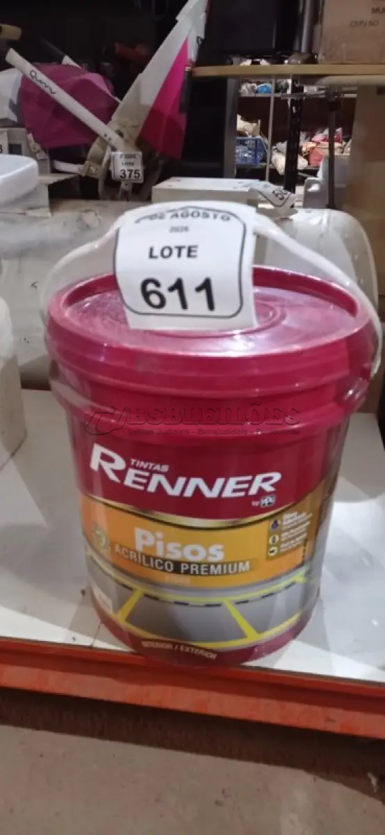 LOTE 611 - 01 BALDE DE TINTA DE PISOS ACRÍLICA NA COR VERMELHO SEGURANÇA FOSCO DE 18L MARCA RENNER. (NO ESTADO) ATENÇÃO! FAZER A VISITAÇÃO ANTES DE ARREMATAR, NÃO SABEMOS SE FUNCIONA, LEILÃO NÃO TEM GARANTIA E NEM DEVOLUÇÃO, SUJEITO A POSSÍVEIS AVARIAS VISÍVEIS/OCULTAS E/OU AUSÊNCIA DE COMPONENTES.