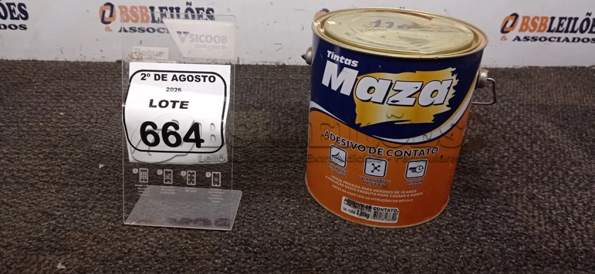 LOTE 664 - 01 LATA DE ADESIVO DE CONTATO 2,80KG MARCA MAZA. (NO ESTADO) ATENÇÃO! FAZER A VISITAÇÃO ANTES DE ARREMATAR, NÃO SABEMOS SE FUNCIONA, LEILÃO NÃO TEM GARANTIA E NEM DEVOLUÇÃO, SUJEITO A POSSÍVEIS AVARIAS VISÍVEIS/OCULTAS E/OU AUSÊNCIA DE COMPONENTES.