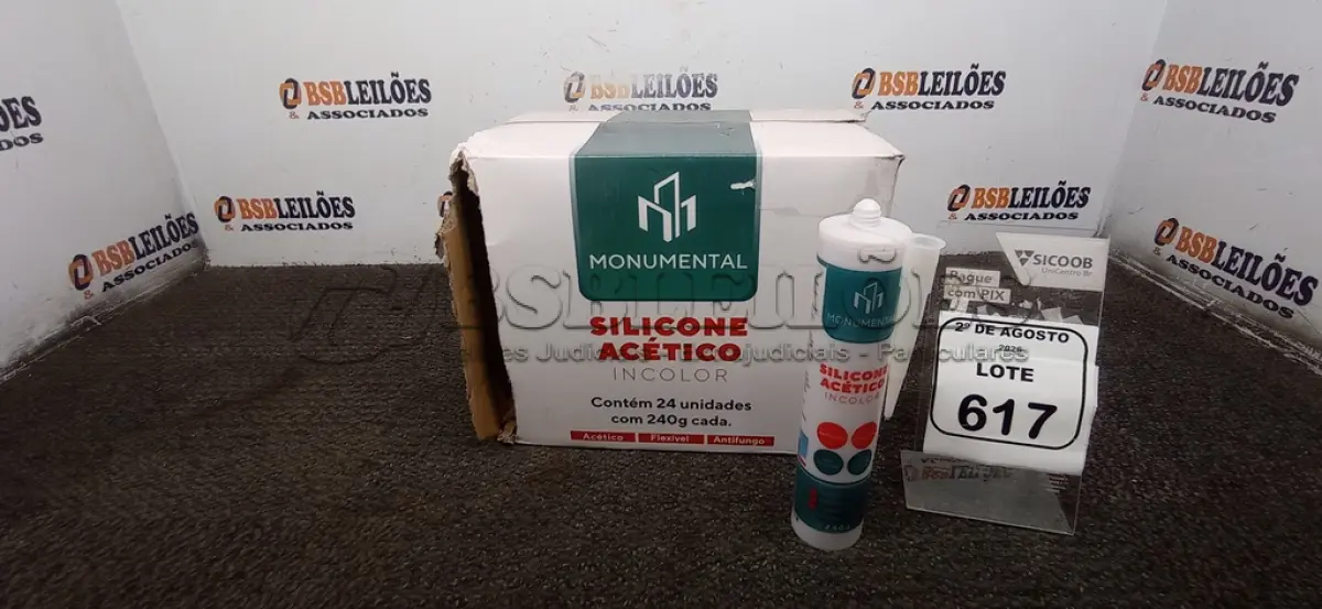 LOTE 617 - 24 UNIDADES DE SILICONE ACÉTICO INCOLOR COM 240G CADA MARCA MONUMENTAL. (NO ESTADO) ATENÇÃO! FAZER A VISITAÇÃO ANTES DE ARREMATAR, NÃO SABEMOS SE FUNCIONA, LEILÃO NÃO TEM GARANTIA E NEM DEVOLUÇÃO, SUJEITO A POSSÍVEIS AVARIAS VISÍVEIS/OCULTAS E/OU AUSÊNCIA DE COMPONENTES.