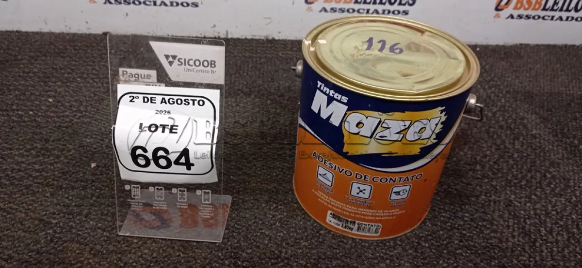 LOTE 664 - 01 LATA DE ADESIVO DE CONTATO 2,80KG MARCA MAZA. (NO ESTADO) ATENÇÃO! FAZER A VISITAÇÃO ANTES DE ARREMATAR, NÃO SABEMOS SE FUNCIONA, LEILÃO NÃO TEM GARANTIA E NEM DEVOLUÇÃO, SUJEITO A POSSÍVEIS AVARIAS VISÍVEIS/OCULTAS E/OU AUSÊNCIA DE COMPONENTES.