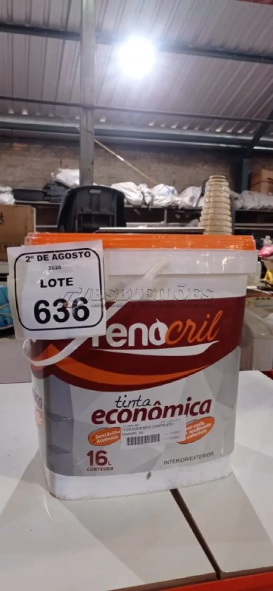 LOTE 636 - 01 BALDE DE TINTA ECONÔMICA 16L NA COR BRANCO NEVE MARCA RENOCRIL. (NO ESTADO) ATENÇÃO! FAZER A VISITAÇÃO ANTES DE ARREMATAR, NÃO SABEMOS SE FUNCIONA, LEILÃO NÃO TEM GARANTIA E NEM DEVOLUÇÃO, SUJEITO A POSSÍVEIS AVARIAS VISÍVEIS/OCULTAS E/OU AUSÊNCIA DE COMPONENTES.