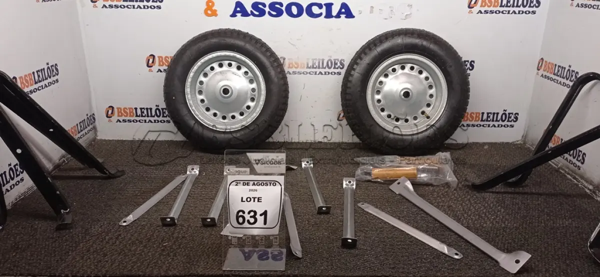 LOTE 631 - 02 KITS DE RODA DE CARRINHO DE MÃO. (NO ESTADO) ATENÇÃO! FAZER A VISITAÇÃO ANTES DE ARREMATAR, NÃO SABEMOS SE FUNCIONA, LEILÃO NÃO TEM GARANTIA E NEM DEVOLUÇÃO, SUJEITO A POSSÍVEIS AVARIAS VISÍVEIS/OCULTAS E/OU AUSÊNCIA DE COMPONENTES.