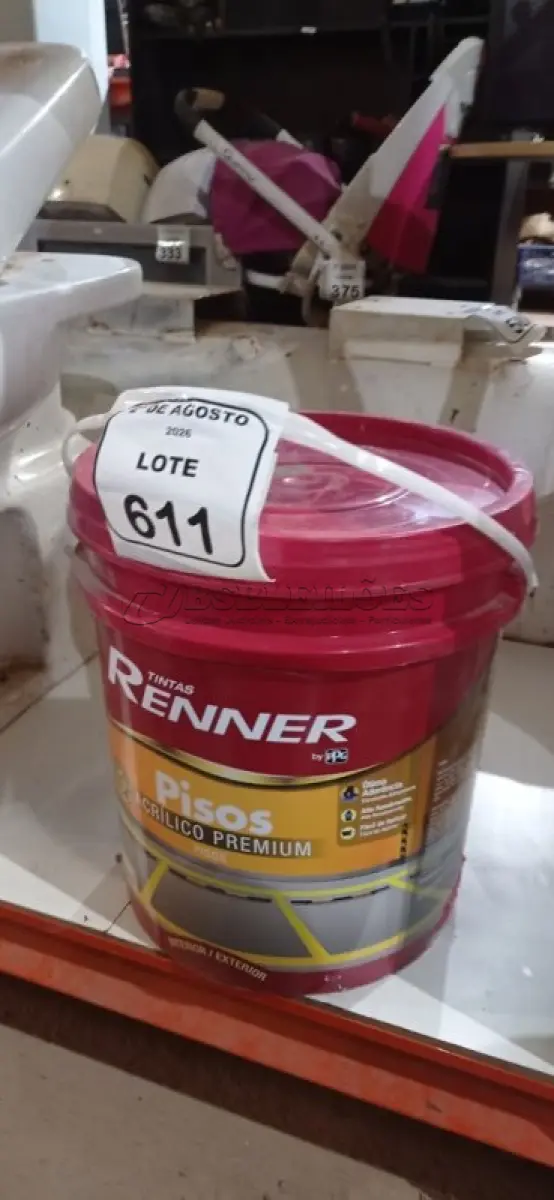LOTE 611 - 01 BALDE DE TINTA DE PISOS ACRÍLICA NA COR VERMELHO SEGURANÇA FOSCO DE 18L MARCA RENNER. (NO ESTADO) ATENÇÃO! FAZER A VISITAÇÃO ANTES DE ARREMATAR, NÃO SABEMOS SE FUNCIONA, LEILÃO NÃO TEM GARANTIA E NEM DEVOLUÇÃO, SUJEITO A POSSÍVEIS AVARIAS VISÍVEIS/OCULTAS E/OU AUSÊNCIA DE COMPONENTES.