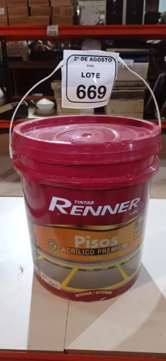 LOTE 669 - 01 BALDE DE TINTA DE PISOS ACRÍLICA NA COR VERMELHO SEGURANÇA FOSCO DE 18L MARCA RENNER. (NO ESTADO) ATENÇÃO! FAZER A VISITAÇÃO ANTES DE ARREMATAR, NÃO SABEMOS SE FUNCIONA, LEILÃO NÃO TEM GARANTIA E NEM DEVOLUÇÃO, SUJEITO A POSSÍVEIS AVARIAS VISÍVEIS/OCULTAS E/OU AUSÊNCIA DE COMPONENTES.