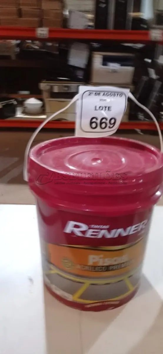 LOTE 669 - 01 BALDE DE TINTA DE PISOS ACRÍLICA NA COR VERMELHO SEGURANÇA FOSCO DE 18L MARCA RENNER. (NO ESTADO) ATENÇÃO! FAZER A VISITAÇÃO ANTES DE ARREMATAR, NÃO SABEMOS SE FUNCIONA, LEILÃO NÃO TEM GARANTIA E NEM DEVOLUÇÃO, SUJEITO A POSSÍVEIS AVARIAS VISÍVEIS/OCULTAS E/OU AUSÊNCIA DE COMPONENTES.