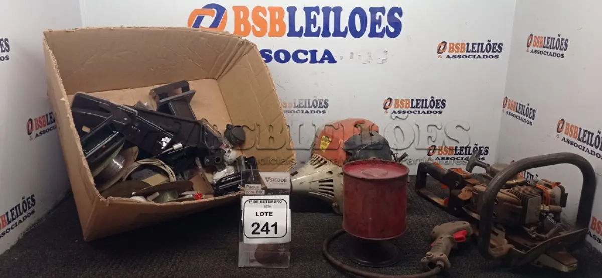 01 MOTOR DE ROÇADEIRA, 01 MOTOR DE PODADOR DE CERCA, 02 FOGAREIROS PORTÁTIL, 01 ROLO DE ARAME E VÁRIOS PERFURADORES DE PAPEL