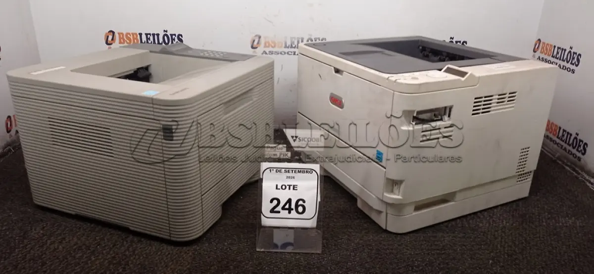 LOTE 246 - 02 IMPRESSORAS MARCAS SAMSUNG E OKI. (NO ESTADO) ATENÇÃO! FAZER A VISITAÇÃO ANTES DE ARREMATAR, NÃO SABEMOS SE FUNCIONA, LEILÃO NÃO TEM GARANTIA E NEM DEVOLUÇÃO, SUJEITO A POSSÍVEIS AVARIAS VISÍVEIS/OCULTAS E/OU AUSÊNCIA DE COMPONENTES.