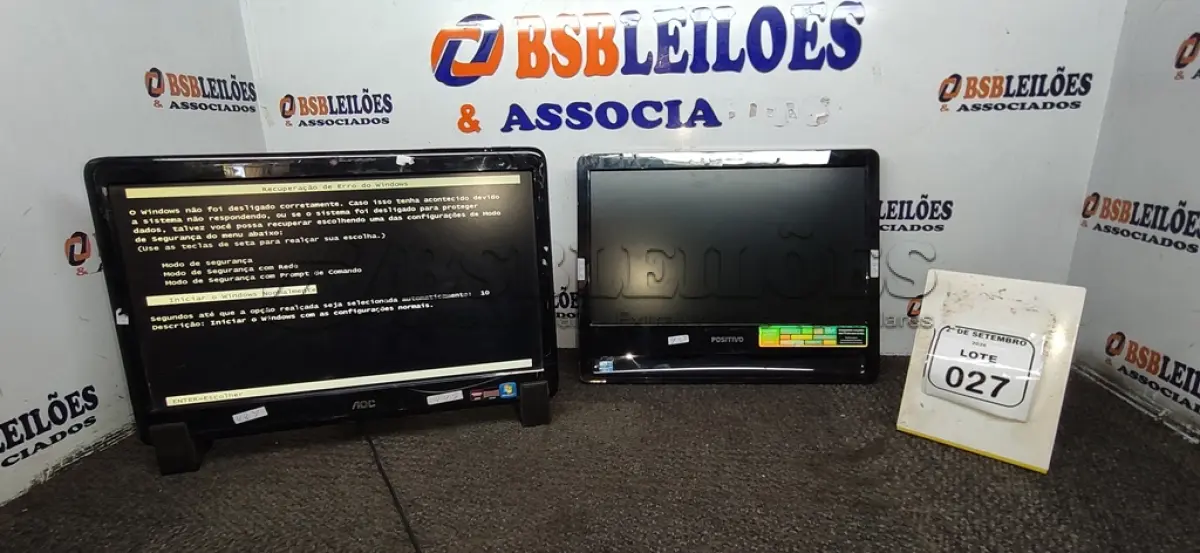 LOTE 027 - 02 COMPUTADORES ALL IN ONE MARCAS AOC E POSITIVO. (NO ESTADO) ATENÇÃO! FAZER A VISITAÇÃO ANTES DE ARREMATAR, NÃO SABEMOS SE FUNCIONA, LEILÃO NÃO TEM GARANTIA E NEM DEVOLUÇÃO, SUJEITO A POSSÍVEIS AVARIAS VISÍVEIS/OCULTAS E/OU AUSÊNCIA DE COMPONENTES.