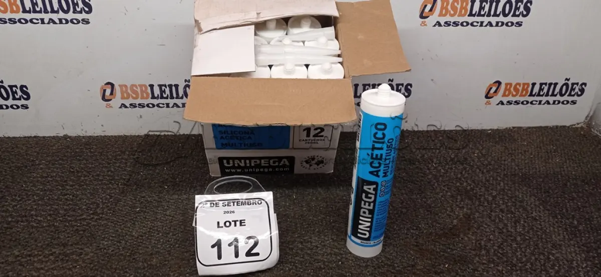 LOTE 112 - 12 CARTUCHOS DE SILICONE ACÉTICO MULTIUSO DE 250ML CADA MARCA UNIPEGA. (NO ESTADO) ATENÇÃO! FAZER A VISITAÇÃO ANTES DE ARREMATAR, NÃO SABEMOS SE FUNCIONA, LEILÃO NÃO TEM GARANTIA E NEM DEVOLUÇÃO, SUJEITO A POSSÍVEIS AVARIAS VISÍVEIS/OCULTAS E/OU AUSÊNCIA DE COMPONENTES.