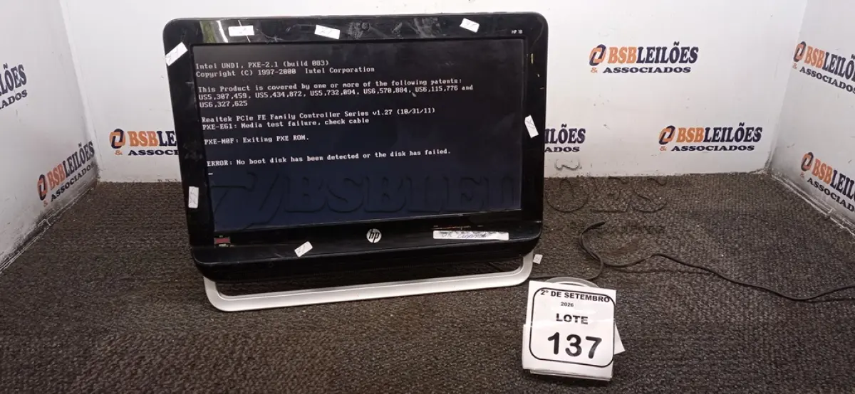 LOTE 137 - 01 COMPUTADOR ALL IN ONE MARCA HP. (NO ESTADO) ATENÇÃO! FAZER A VISITAÇÃO ANTES DE ARREMATAR, NÃO SABEMOS SE FUNCIONA, LEILÃO NÃO TEM GARANTIA E NEM DEVOLUÇÃO, SUJEITO A POSSÍVEIS AVARIAS VISÍVEIS/OCULTAS E/OU AUSÊNCIA DE COMPONENTES.