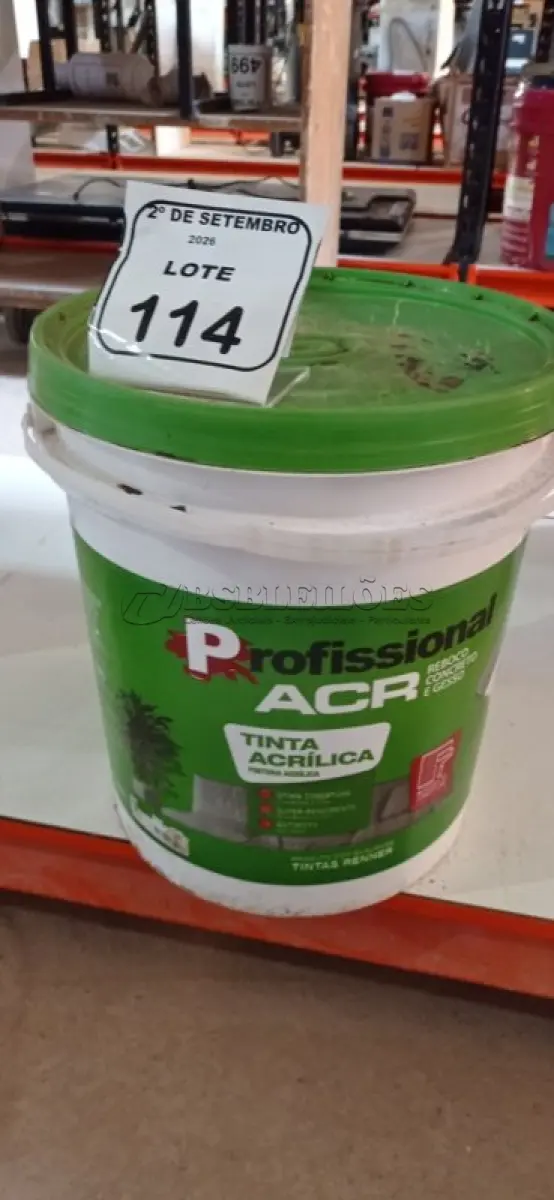 LOTE 114 - 01 BALDE DE TINTA ACRÍLICA NA COR PÊSSEGO FOSCO DE 18L MARCA PROFISSIONAL ACR. (NO ESTADO) ATENÇÃO! FAZER A VISITAÇÃO ANTES DE ARREMATAR, NÃO SABEMOS SE FUNCIONA, LEILÃO NÃO TEM GARANTIA E NEM DEVOLUÇÃO, SUJEITO A POSSÍVEIS AVARIAS VISÍVEIS/OCULTAS E/OU AUSÊNCIA DE COMPONENTES.