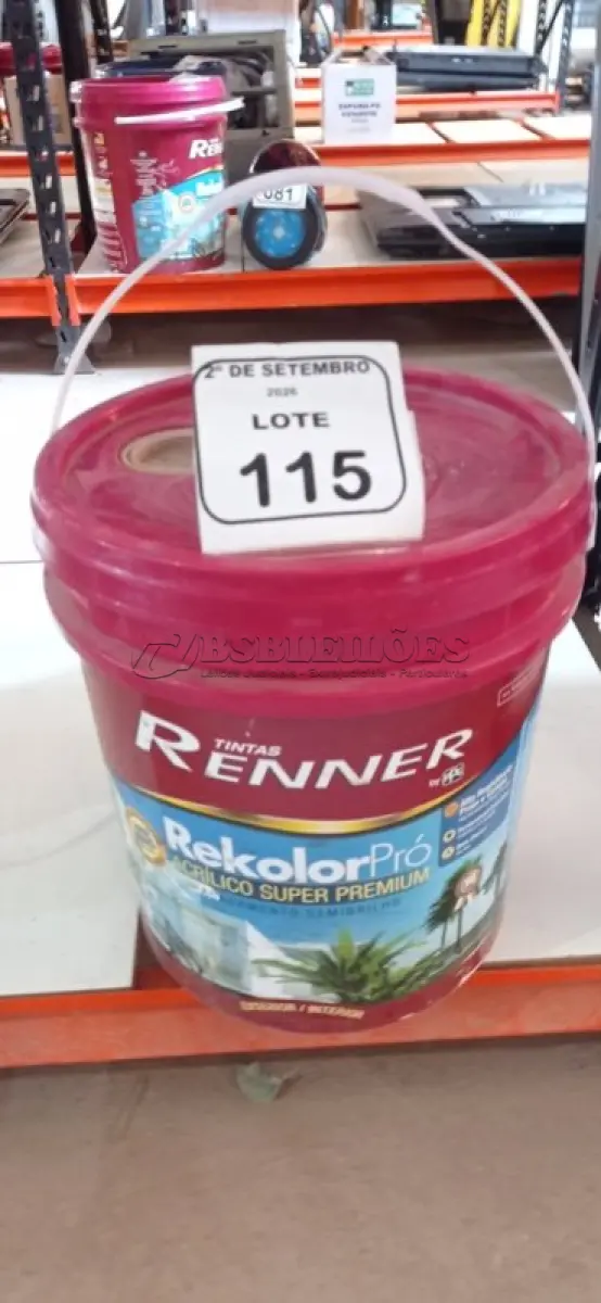 LOTE 115 - 01 BALDE DE TINTA ACRÍLICA SUPER PREMIUM NA COR BASE MÉDIA SEMIBRILHO DE 16L MARCA RENNER. (NO ESTADO) ATENÇÃO! FAZER A VISITAÇÃO ANTES DE ARREMATAR, NÃO SABEMOS SE FUNCIONA, LEILÃO NÃO TEM GARANTIA E NEM DEVOLUÇÃO, SUJEITO A POSSÍVEIS AVARIAS VISÍVEIS/OCULTAS E/OU AUSÊNCIA DE COMPONENTES.