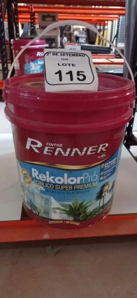 LOTE 115 - 01 BALDE DE TINTA ACRÍLICA SUPER PREMIUM NA COR BASE MÉDIA SEMIBRILHO DE 16L MARCA RENNER. (NO ESTADO) ATENÇÃO! FAZER A VISITAÇÃO ANTES DE ARREMATAR, NÃO SABEMOS SE FUNCIONA, LEILÃO NÃO TEM GARANTIA E NEM DEVOLUÇÃO, SUJEITO A POSSÍVEIS AVARIAS VISÍVEIS/OCULTAS E/OU AUSÊNCIA DE COMPONENTES.